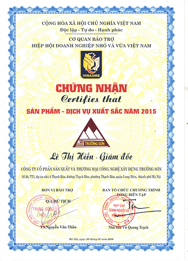 Công ty Xây Dựng Trường Sơn nhận Cúp Vàng sản phẩm dịch vụ xuất sắc 2015